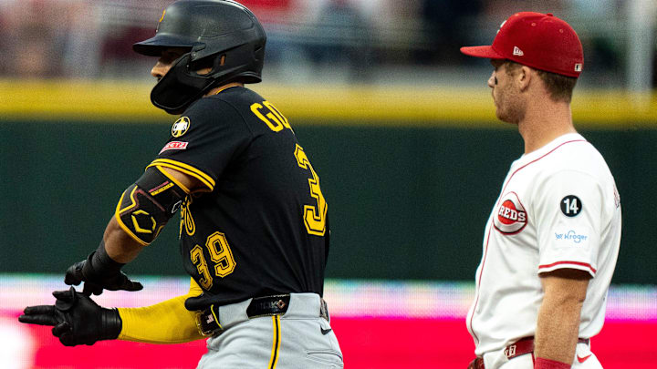 Pittsburg Pirates second baseman Nick Gonzales (39) gestures after hitting a double in the third inning between Cincinnati Reds and Pittsburg Pirates at Great American Ball Park in Cincinnati on Sept. 24, 2025.