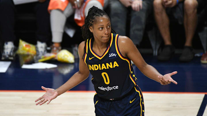 Indiana Fever guard Kelsey Mitchell (0) reacts during a September 22, 2024 WNBA game.