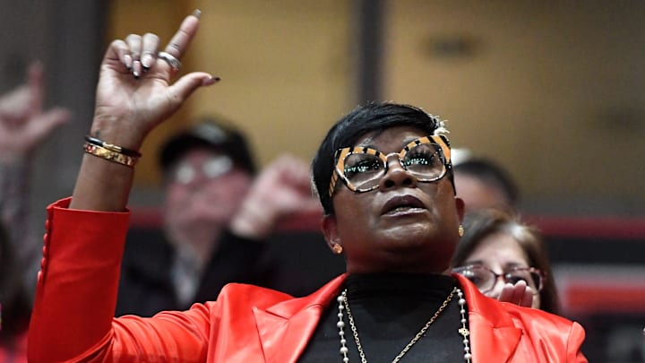 Texas Tech alumna Sheryl Swoopes gestures at the end of the Texas Tech game against Baylor, Saturday, Jan. 28, 2023, at United Supermarkets Arena.