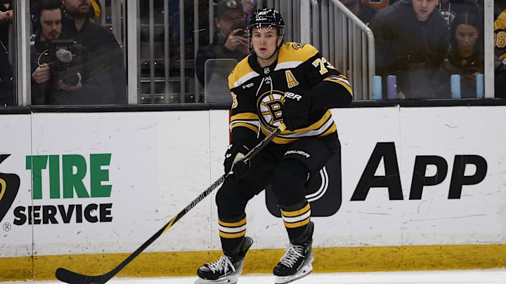 Feb 8, 2025; Boston, Massachusetts, USA; Boston Bruins defenseman Charlie McAvoy (73) against the Vegas Golden Knights during the second period at TD Garden. Mandatory Credit: Winslow Townson-Imagn Images