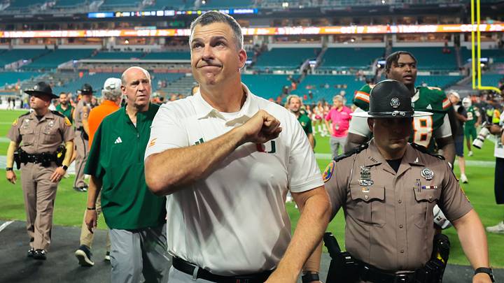Sep 26, 2026; Miami Gardens, Florida, USA; Miami Hurricanes head coach Mario Cristobal reacts toward the fans after the game against the Central Michigan Chippewas at Hard Rock Stadium. Mandatory Credit: Sam Navarro-Imagn Images