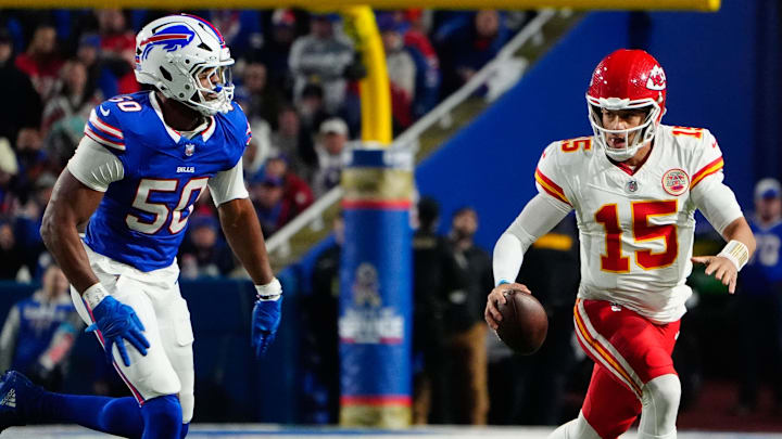 Kansas City Chiefs’ quarterback Patrick Mahomes (15) and Buffalo Bills defensive end Greg Rousseau (50). Kansas City Chiefs’ quarterback Patrick Mahomes (15) and Buffalo Bills defensive end Greg Rousseau (50).