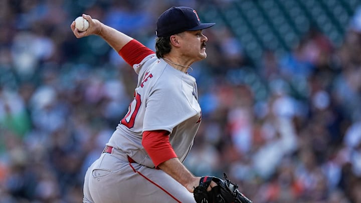Boston Red Sox pitcher Payton Tolle (70) throws against Detroit Tigers during the first inning at Comerica Park in Detroit on Monday, May 4, 2026.