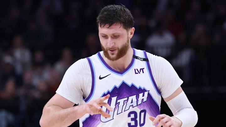 Dec 26, 2025; Salt Lake City, Utah, USA; Utah Jazz center Jusuf Nurkic (30) reacts after a play against the Detroit Pistons during the first half at Delta Center. Mandatory Credit: Rob Gray-Imagn Images