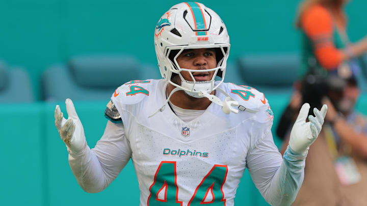 Miami Dolphins linebacker Chop Robinson (44) reacts after attempting to recover a fumble against the New England Patriots during the second quarter at Hard Rock Stadium. Sam Navarro-Imagn Images
