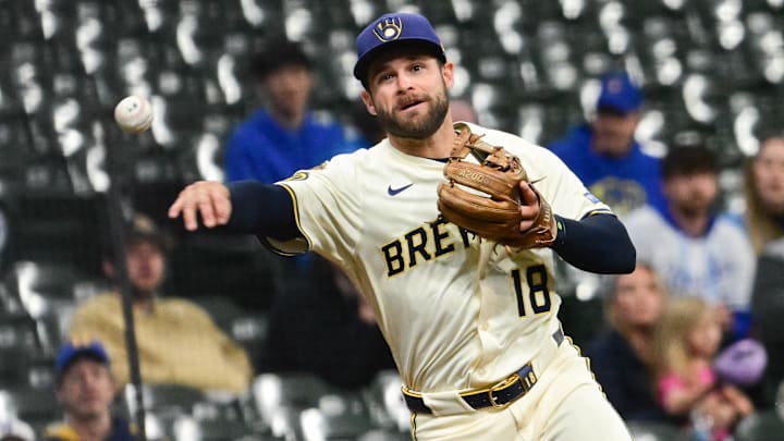 Milwaukee Brewers third baseman Vinny Capra (18) throws to first base at American Family Field. Milwaukee Brewers third baseman Vinny Capra (18) throws to first base at American Family Field.