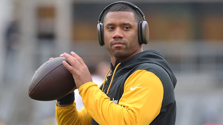 Dec 25, 2024; Pittsburgh, Pennsylvania, USA; Pittsburgh Steelers quarterback Russell Wilson (3) warms up before the game against the Kansas City Chiefs at Acrisure Stadium. Mandatory Credit: Charles LeClaire-Imagn Images
