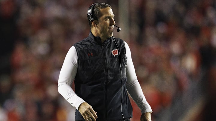 Nov 18, 2023; Madison, Wisconsin, USA;  Wisconsin Badgers head coach Luke Fickell looks on during the second quarter against the Nebraska Cornhuskers at Camp Randall Stadium. Mandatory Credit: Jeff Hanisch-USA TODAY Sports