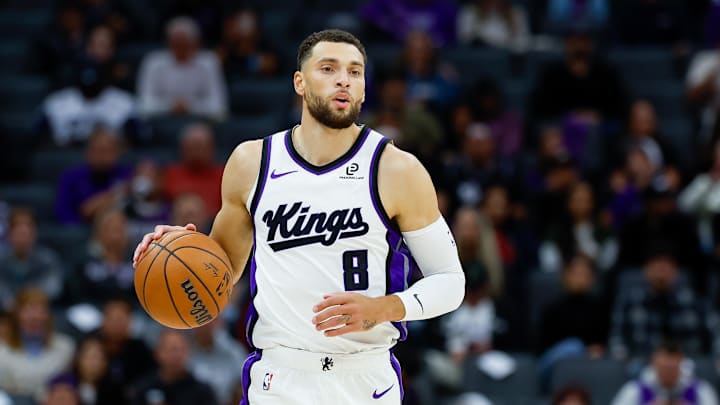 Oct 15, 2025; Sacramento, California, USA; Sacramento Kings guard Zach Lavine (8) dribbles the ball up the court during the first quarter against the Los Angeles Clippers at Golden 1 Center. Mandatory Credit: Sergio Estrada-Imagn Images