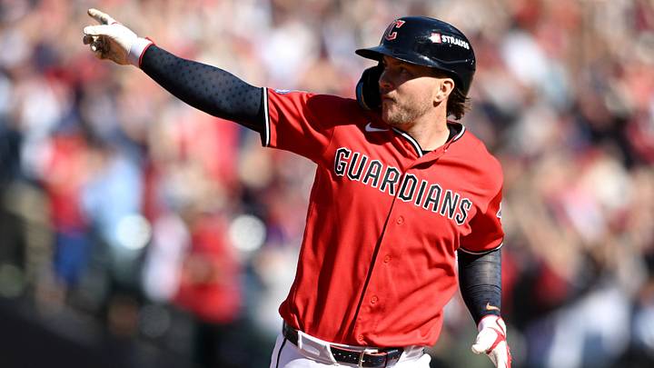 Oct 15, 2026; Cleveland, Ohio, USA; Cleveland Guardians catcher Patrick Bailey (16) celebrates while he rounds the bases after a two-run home run by outfielder Petey Halpin (not pictured) against the Tampa Bay Rays during the fifth inning in game three of the ALCS for the 2026 MLB Playoffs at Progressive Field. Mandatory Credit: Ken Blaze-Imagn Images Oct 15, 2026; Cleveland, Ohio, USA; Cleveland Guardians catcher Patrick Bailey (16) celebrates while he rounds the bases after a two-run home run by outfielder Petey Halpin (not pictured) against the Tampa Bay Rays during the fifth inning in game three of the ALCS for the 2026 MLB Playoffs at Progressive Field. Mandatory Credit: Ken Blaze-Imagn Images