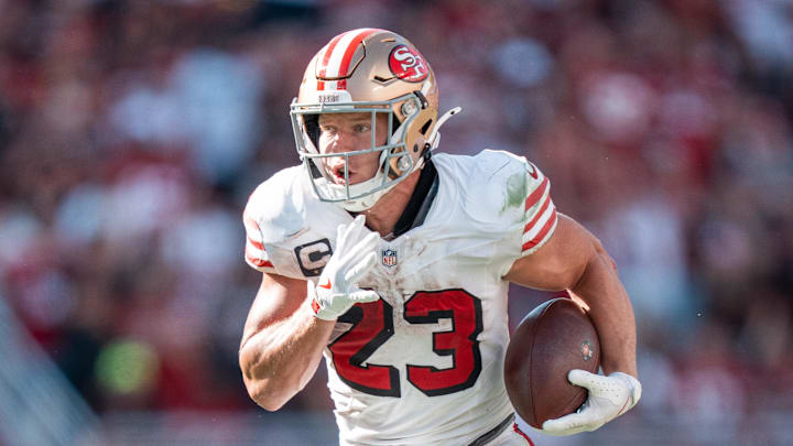 September 21, 2025; Santa Clara, California, USA; San Francisco 49ers running back Christian McCaffrey (23) during the fourth quarter against the Arizona Cardinals at Levi's Stadium. Mandatory Credit: Kyle Terada-Imagn Images September 21, 2025; Santa Clara, California, USA; San Francisco 49ers running back Christian McCaffrey (23) during the fourth quarter against the Arizona Cardinals at Levi's Stadium. Mandatory Credit: Kyle Terada-Imagn Images