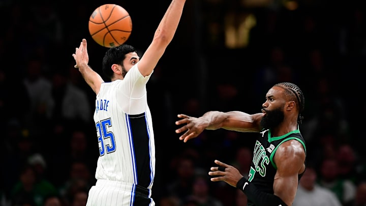 Dec 15, 2023; Boston, Massachusetts, USA; Boston Celtics guard Jaylen Brown (7) passes the ball