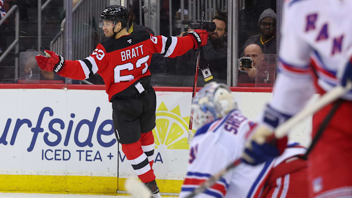 Apr 5, 2025; Newark, New Jersey, USA; New Jersey Devils left wing Jesper Bratt (63) celebrates his goal against the New York Rangers during the second period at Prudential Center. Mandatory Credit: Ed Mulholland-Imagn Images
