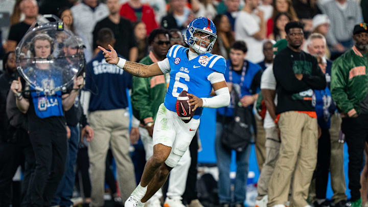 Ole Miss quarterback Trinidad Chambliss (6) celebrates a play during the CFP Fiesta Bowl against Miami at the State Farm Stadium, in Glendale, Ariz., on Thursday, Jan. 8, 2026.