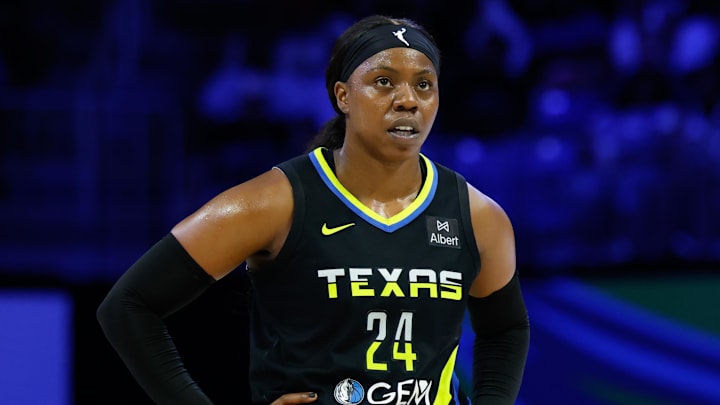Dallas Wings guard Arike Ogunbowale reacts against the Washington Mystics during the second half at College Park Center. Mandatory Credit: Chris Jones-Imagn Images