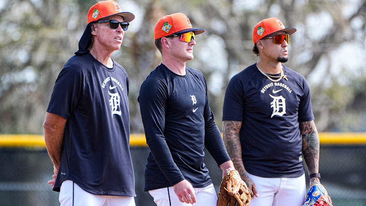 From left, Detroit Tigers special assistant to the general manager Alan Trammell, infielder Kevin McGonigle, and shortstop Javier Báez practice during spring training at TigerTown in Lakeland, Fla. on Tuesday, Feb. 17, 2026. From left, Detroit Tigers special assistant to the general manager Alan Trammell, infielder Kevin McGonigle, and shortstop Javier Báez practice during spring training at TigerTown in Lakeland, Fla. on Tuesday, Feb. 17, 2026.