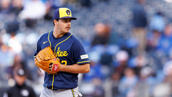 Apr 4, 2026; Kansas City, Missouri, USA; Milwaukee Brewers pitcher Logan Henderson (43) pitches during the first inning against the Kansas City Royals  at Kauffman Stadium. Mandatory Credit: William Purnell-Imagn Images