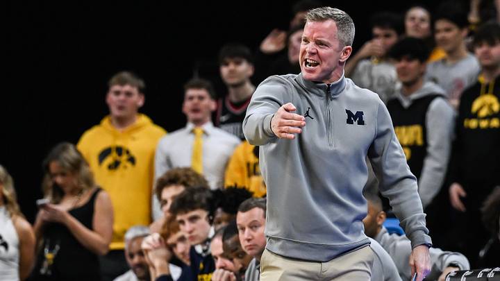 Mar 5, 2026; Iowa City, Iowa, USA; Michigan Wolverines head coach Dusty May reacts during the first half against the Iowa Hawkeyes at Carver-Hawkeye Arena. Mandatory Credit: Jeffrey Becker-Imagn Images