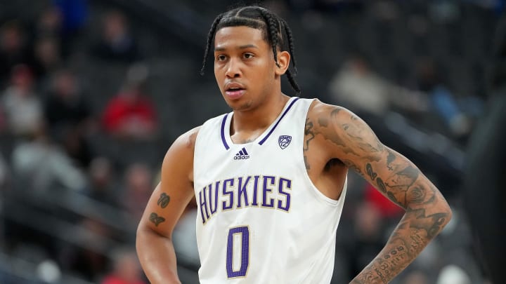 Mar 8, 2023; Las Vegas, NV, USA; Washington Huskies guard Koren Johnson (0)
