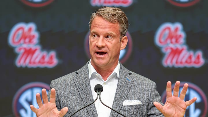 Jul 14, 2025; Atlanta, GA, USA; Ole Miss Rebels head coach Lane Kiffin speaks to the media during SEC Media Day at Omni Atlanta Hotel. Mandatory Credit: Jordan Godfree-Imagn Images Jul 14, 2025; Atlanta, GA, USA; Ole Miss Rebels head coach Lane Kiffin speaks to the media during SEC Media Day at Omni Atlanta Hotel. Mandatory Credit: Jordan Godfree-Imagn Images