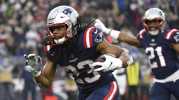 Jan 2, 2022; Foxborough, Massachusetts, USA; New England Patriots safety Kyle Dugger (23) runs with the ball after an interception during the second half against the Jacksonville Jaguars at Gillette Stadium. Mandatory Credit: Bob DeChiara-Imagn Images Jan 2, 2022; Foxborough, Massachusetts, USA; New England Patriots safety Kyle Dugger (23) runs with the ball after an interception during the second half against the Jacksonville Jaguars at Gillette Stadium. Mandatory Credit: Bob DeChiara-Imagn Images