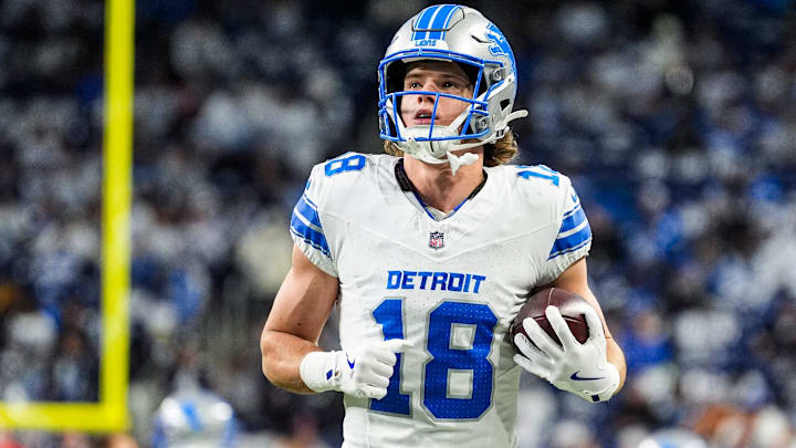 Detroit Lions wide receiver Isaac Teslaa (18) warms up before the Dallas Cowboys game at Ford Field in Detroit on Thursday, Dec. 4, 2025.