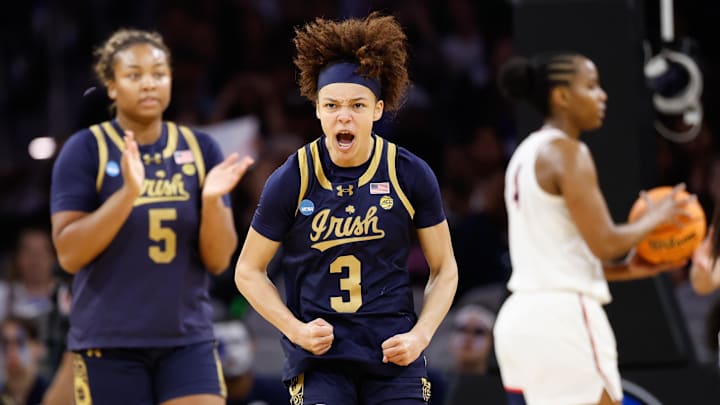 Mar 29, 2026; Fort Worth, TX, USA; Notre Dame Fighting Irish guard Hannah Hidalgo (3) reacts after a play against the UConn Huskies during the first half at Dickies Arena. Mandatory Credit: Chris Jones-Imagn Images