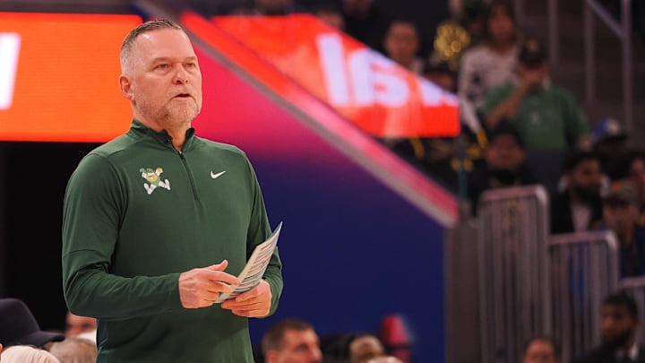 Mar 17, 2025; San Francisco, California, USA; Denver Nuggets head coach Michael Malone on the sideline during the first quarter against the Golden State Warriors at Chase Center. Mandatory Credit: Kelley L Cox-Imagn Images