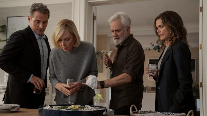 The Diplomat. (L to R) Rufus Sewell as Hal Wyler, Allison Janney as Grace Penn, Bradley Whitford as Todd Penn, Keri Russell as Kate Wyler in episode 306 of The Diplomat