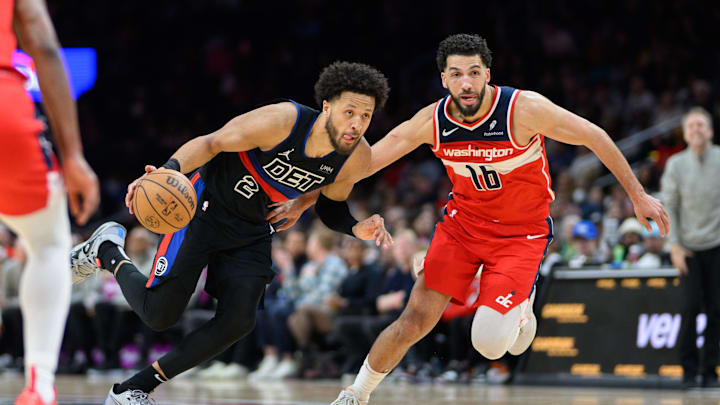 Mar 29, 2024; Washington, District of Columbia, USA; Detroit Pistons guard Cade Cunningham (2) prepares to dribble against Washington Wizards forward Anthony Gill (16) during the third quarter at Capital One Arena. Mandatory Credit: Reggie Hildred-Imagn Images Mar 29, 2024; Washington, District of Columbia, USA; Detroit Pistons guard Cade Cunningham (2) prepares to dribble against Washington Wizards forward Anthony Gill (16) during the third quarter at Capital One Arena. Mandatory Credit: Reggie Hildred-Imagn Images