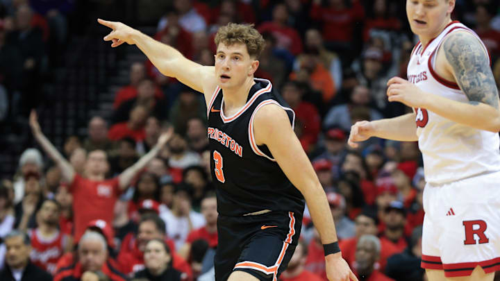 Dec 21, 2024; Newark, New Jersey, USA; Princeton Tigers forward Caden Pierce (3) reacts after scoring a three point basket against the Rutgers Scarlet Knights during the first half at Prudential Center. Mandatory Credit: Tom Horak-Imagn Images