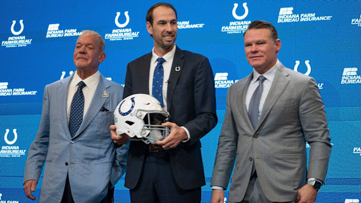 Shane Steichen, center, poses for photos with Colts Owner and CEO Jim Irsay, left, and General Manager Chris Ballard after a press conference Tuesday, Feb. 14, 2023 announcing that Steichen is the new Indianapolis Colts Head Coach.

Shane Steichen Is The New Indianapolis Colts Head Coach