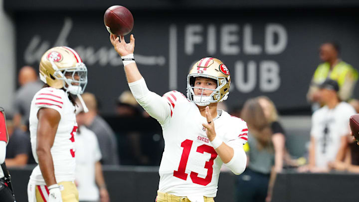 Aug 16, 2025; Paradise, Nevada, USA; San Francisco 49ers quarterback Brock Purdy (13) warms up before a preseason game against the Las Vegas Raiders at Allegiant Stadium. Mandatory Credit: Stephen R. Sylvanie-Imagn Images