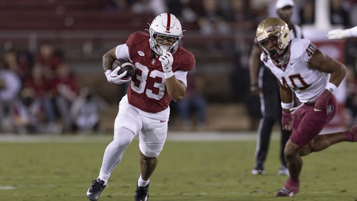 Oct 18, 2025; Stanford, California, USA;  Stanford Cardinal running back Cole Tabb (33) runs with the football during the first quarter against the Florida State Seminoles at Stanford Stadium. Mandatory Credit: Stan Szeto-Imagn Images