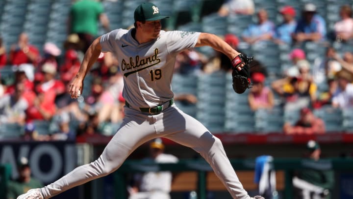 Jun 26, 2024; Anaheim, California, USA; Oakland Athletics relief pitcher Mason Miller (19) pitches during the eighth inning against the Los Angeles Angels at Angel Stadium. Mandatory Credit: Kiyoshi Mio-USA TODAY Sports Jun 26, 2024; Anaheim, California, USA; Oakland Athletics relief pitcher Mason Miller (19) pitches during the eighth inning against the Los Angeles Angels at Angel Stadium. Mandatory Credit: Kiyoshi Mio-USA TODAY Sports