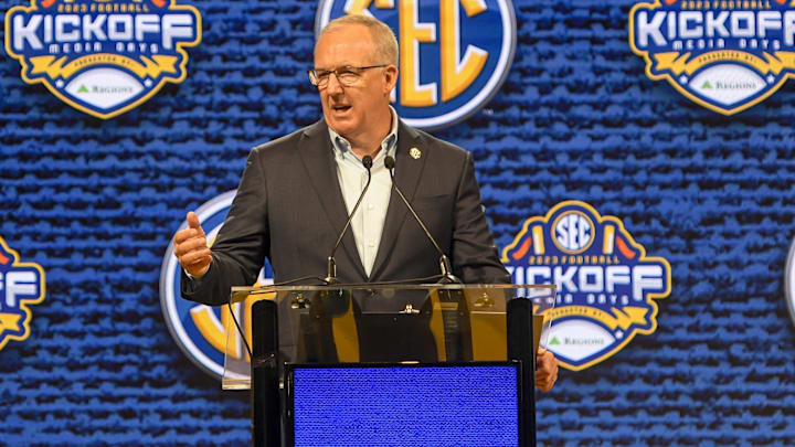 Jul 17, 2023; Nashville, TN, USA; SEC commissioner Greg Sankey talks with the media during SEC Jul 17, 2023; Nashville, TN, USA; SEC commissioner Greg Sankey talks with the media during SEC