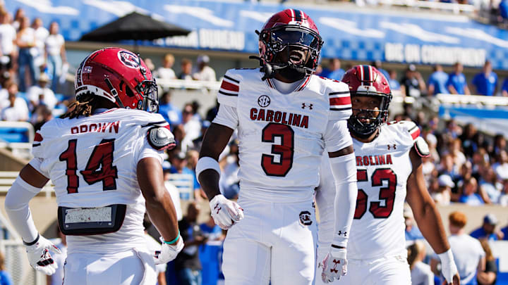 Sep 7, 2024; Lexington, Kentucky, USA; South Carolina Gamecocks wide receiver Mazeo Bennett Jr. (3) celebrates after scoring a touchdown during the first quarter against the Kentucky Wildcats at Kroger Field. Mandatory Credit: Jordan Prather-Imagn Images Sep 7, 2024; Lexington, Kentucky, USA; South Carolina Gamecocks wide receiver Mazeo Bennett Jr. (3) celebrates after scoring a touchdown during the first quarter against the Kentucky Wildcats at Kroger Field. Mandatory Credit: Jordan Prather-Imagn Images