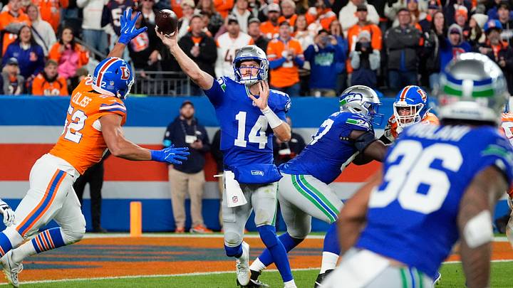 Oct 15, 2026; Denver, Colorado, USA; Seattle Seahawks quarterback Sam Darnold (14) throws in the second quarter against the Denver Broncos at Empower Field at Mile High. Mandatory Credit: Ron Chenoy-Imagn Images Oct 15, 2026; Denver, Colorado, USA; Seattle Seahawks quarterback Sam Darnold (14) throws in the second quarter against the Denver Broncos at Empower Field at Mile High. Mandatory Credit: Ron Chenoy-Imagn Images
