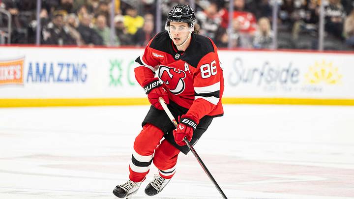 Apr 9, 2026; Newark, New Jersey, USA; New Jersey Devils center Jack Hughes (86) skates with the puck during the third period against the Pittsburgh Penguins at Prudential Center. Mandatory Credit: Luther Schlaifer-Imagn Images Apr 9, 2026; Newark, New Jersey, USA; New Jersey Devils center Jack Hughes (86) skates with the puck during the third period against the Pittsburgh Penguins at Prudential Center. Mandatory Credit: Luther Schlaifer-Imagn Images