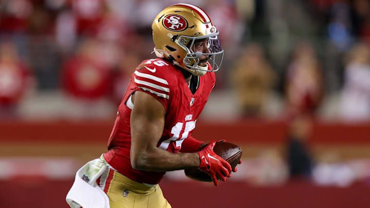 Dec 30, 2024; Santa Clara, California, USA; San Francisco 49ers wide receiver Jauan Jennings (15) during the game against the Detroit Lions at Levi's Stadium. Mandatory Credit: Sergio Estrada-Imagn Images