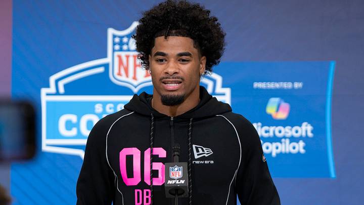 Feb 26, 2026; Indianapolis, IN, USA; LSU defensive back Mansoor Delane (DB06) speaks to media members during the NFL Combine at the Indiana Convention Center. Mandatory Credit: Jacob Musselman-Imagn Images Feb 26, 2026; Indianapolis, IN, USA; LSU defensive back Mansoor Delane (DB06) speaks to media members during the NFL Combine at the Indiana Convention Center. Mandatory Credit: Jacob Musselman-Imagn Images