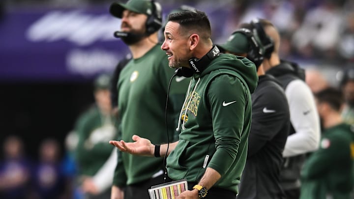 Jan 4, 2026; Minneapolis, Minnesota, USA; Green Bay Packers head coach Matt Lafleur reacts to a play against the Minnesota Vikings during the third quarter at U.S. Bank Stadium. 