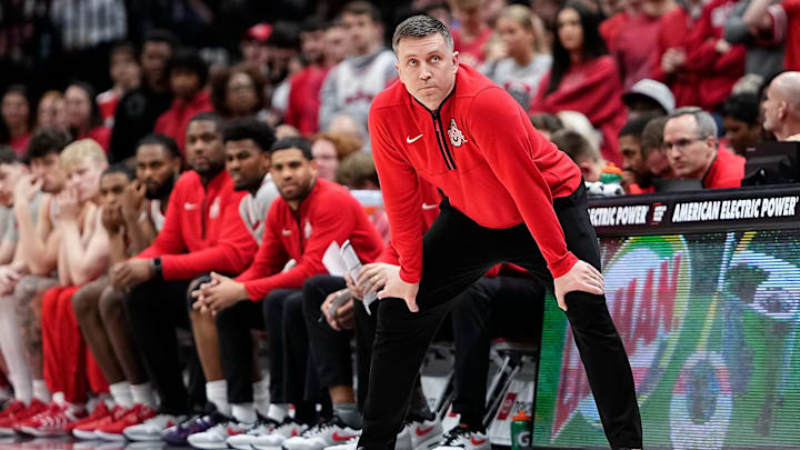 Ohio State Buckeyes head coach Jake Diebler watches during the first half of the NCAA men's basketball game against the Nebraska Cornhuskers at Value City Arena in Columbus on March 4, 2025. Ohio State Buckeyes head coach Jake Diebler watches during the first half of the NCAA men's basketball game against the Nebraska Cornhuskers at Value City Arena in Columbus on March 4, 2025.