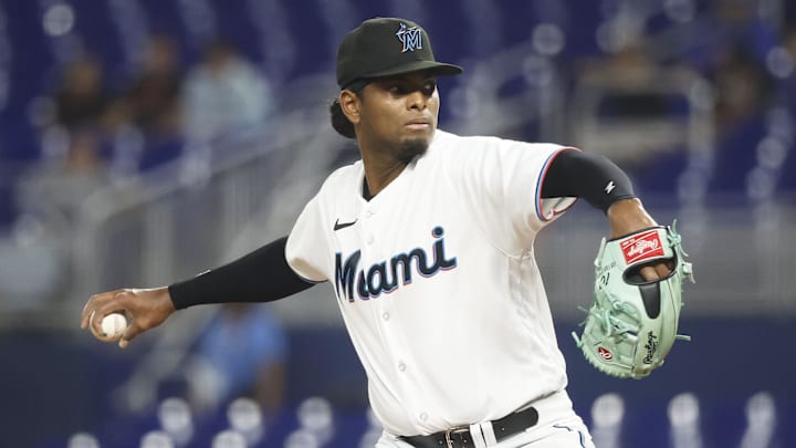 Sep 18, 2023; Miami, Florida, USA; Miami Marlins starting pitcher Edward Cabrera (27) pitches