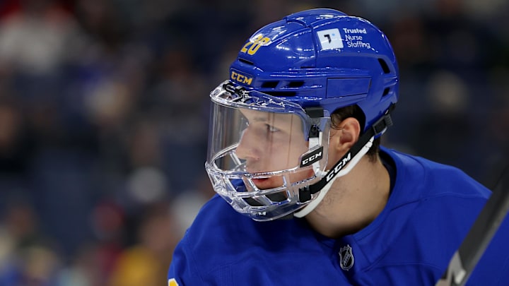 Feb 25, 2025; Buffalo, New York, USA;  Buffalo Sabres center Jiri Kulich (20) waits for the face-off during the second period against the Anaheim Ducks at KeyBank Center. Mandatory Credit: Timothy T. Ludwig-Imagn Images