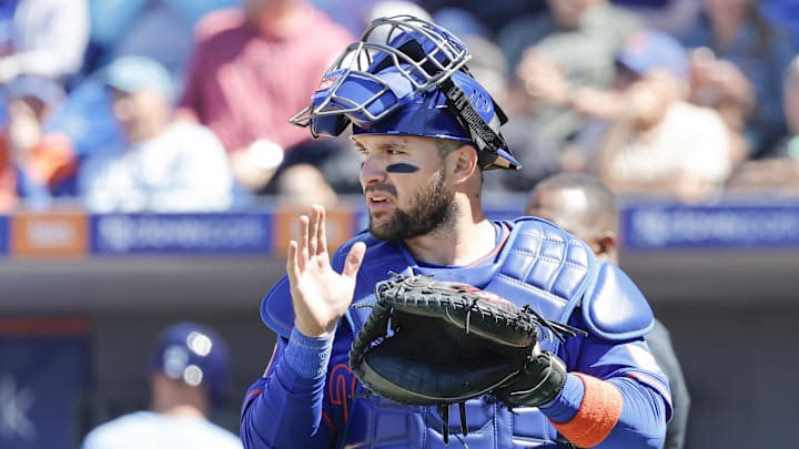 Mar 17, 2025; Port St. Lucie, Florida, USA;  New York Mets catcher Luis Torrens (13) rallies his infield during the seventh inning against the Tampa Bay Rays at Clover Park. Mandatory Credit: Reinhold Matay-Imagn Images 