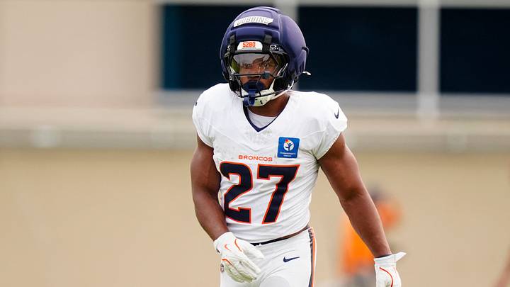 Aug 3, 2026; Englewood, CO, USA; Denver Broncos running back J.K. Dobbins (27) during training camp at Broncos Park. 