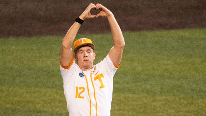 Tennessee's Liam Doyle (12) sends love to the Tennessee fans after Tennesee defeated Wake Forest at the NCAA college baseball Knoxville Regional final on June 2, 2025, in Knoxville, Tenn.