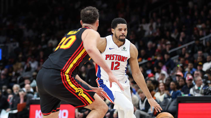 Feb 23, 2025; Atlanta, Georgia, USA; Detroit Pistons forward Tobias Harris (12) controls the ball against Atlanta Hawks forward Georges Niang (20) during the first quarter at State Farm Arena. Mandatory Credit: Jordan Godfree-Imagn Images Feb 23, 2025; Atlanta, Georgia, USA; Detroit Pistons forward Tobias Harris (12) controls the ball against Atlanta Hawks forward Georges Niang (20) during the first quarter at State Farm Arena. Mandatory Credit: Jordan Godfree-Imagn Images