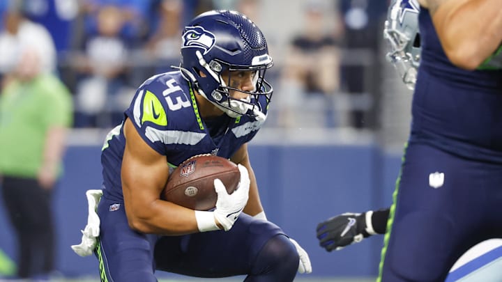 Aug 19, 2023; Seattle, Washington, USA; Seattle Seahawks running back Wayne Taulapapa (43) rushes